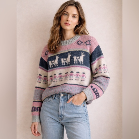 Handmade Sweaters - Vintage Hand Knit Mohair Sweater – Folk Art Animal Pattern Cozy Statement Knit